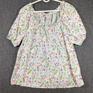 St Johns Bay White Floral Women's Round Neck‎ Peasant Style Blouse Size L